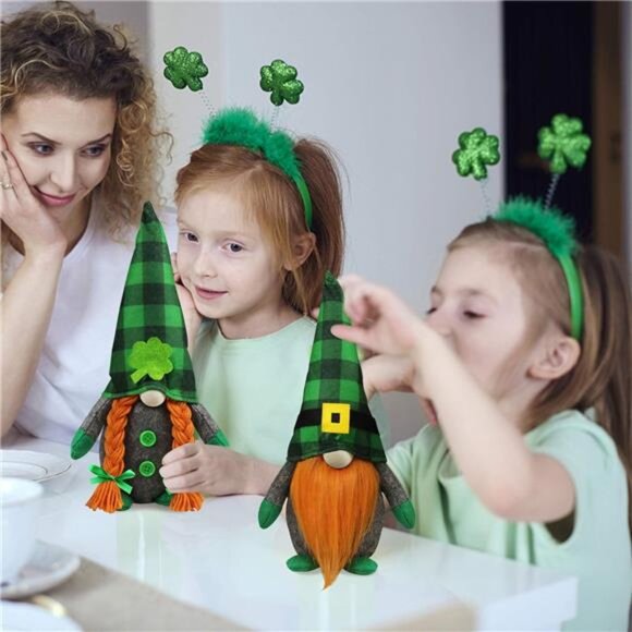 St.Patrick's Day Gnome Plush Elf Decorations - Mr and Mrs Green Buffalo Check - Picture 6 of 8